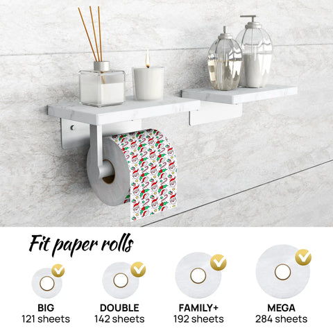 Total Game Changer, Two Shelf Wall Mounted Toilet Paper Holder With Natural Marble Top And Sleek Nickel Finish, features paper roll and decorative items