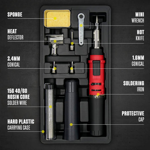 3 In 1 Butane Soldering Iron Kit with Self Ignition Portable Cordless Torch and Heat Gun in hard plastic case with tools