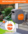 Retractable Garden Hose Reel 1/2 Inch By 72 Feet Wall Mounted With 9 Function Sprayer attached to a house wall