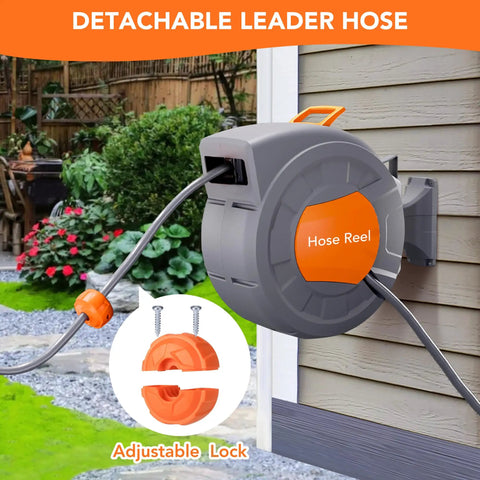 Retractable Garden Hose Reel 1/2 Inch By 72 Feet Wall Mounted With 9 Function Sprayer attached to a house wall