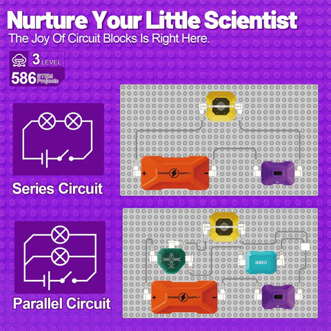 Circuit Science Kit for Kids With 76 STEM Projects showing series and parallel circuit setup diagrams.