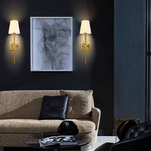 Gold Wall Sconces Set Of 2 Hardwired Dimmable Slick Slim Metal Wall Lighting With Fabric Shades in living room setting