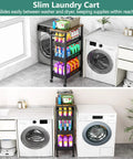 Ultra Durable Slim Utility Storage Cart On Wheels With Wood Top And Metal Frame Four Tier Narrow Rolling Organizer in laundry room