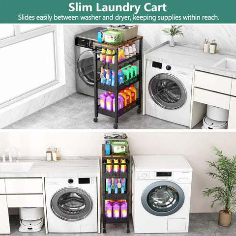 Ultra Durable Slim Utility Storage Cart On Wheels With Wood Top And Metal Frame Four Tier Narrow Rolling Organizer in laundry room