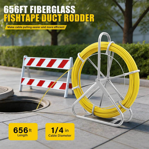 Heavy Duty Pro Grade Fiberglass Fish Tape 656 Ft Duct Rodder Wire Puller With Steel Reel Stand For Walls And Electrical Conduit Built To Last Ultra Flexible High Tensile Fiberglass Rod Easy Through Tight Bends With 13 Inch Minimum Radius, 656 ft 6mm yellow rod on reel stand