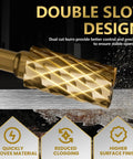 Close-up of gold carbide burr with 1/4-inch shank, dual-slot design, angled front view