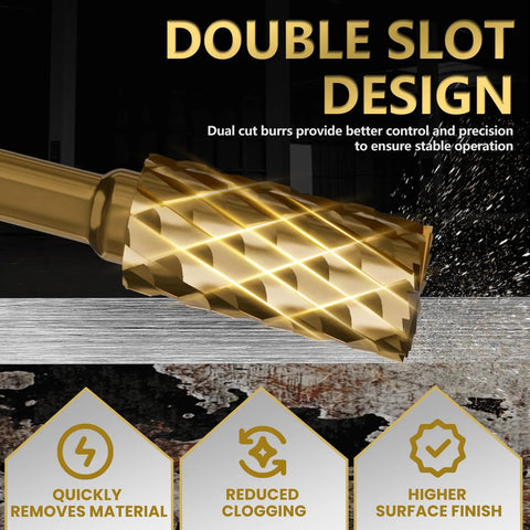 Close-up of gold carbide burr with 1/4-inch shank, dual-slot design, angled front view