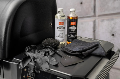 Heavy Duty Grill Cleaning Kit with Exterior Detailing Spray and Foaming Degreaser Scraper and Pad Microfiber Towels and Nitrile Gloves