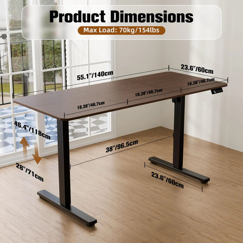 Product dimensions of 55 Inch By 24 Inches Electric Standing Desk, showing height adjustable features and ergonomic walnut finish.