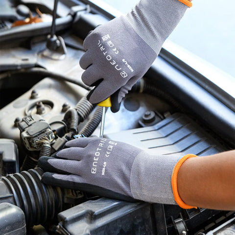 Grip Ready MicroFoam Nitrile Coated Work Gloves used in automotive light duty tasks, seamless knit nylon, oil resistant.