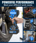 Built Damn Tough Brushless Cordless Impact Wrench 1000Nm Heavy Duty Power Half Inch Drive Kit with battery used on vehicle tire.