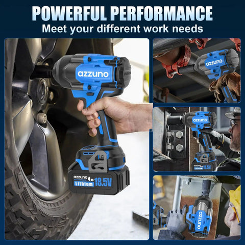 Built Damn Tough Brushless Cordless Impact Wrench 1000Nm Heavy Duty Power Half Inch Drive Kit with battery used on vehicle tire.