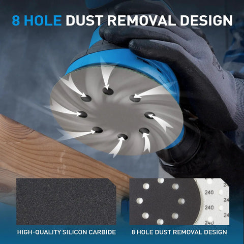 Get That Shiny Finish With These 100 Assorted 5 Inch Wet Dry Sanding Discs Featuring 8 Holes Hook And Loop Design For Wood Auto Body Metal Work ranging From 180 To 5000 Grits Perfect For Orbital Sanders And Serious Detailing Jobs. Close-up of 8-hole dust removal design on a sanding disc attached to an orbital sander.