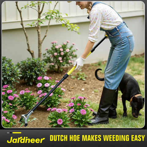 Person using Long Reach 4-In-1 Garden Hoe With 64 Inch Handle for easy weeding in flower beds, accompanied by a dog.