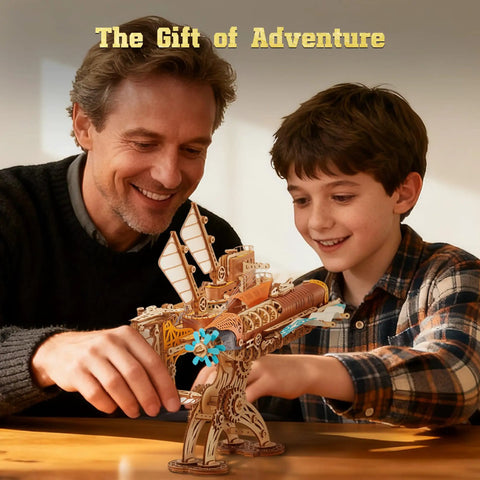 Father and son assembling Steampunk Airship 3D Wooden Puzzle Kit For Adults And Teens DIY Voyage Model, creating a home decor item.