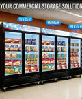 Top Shelf 27 Inch Commercial Display Freezer Upright Merchandiser With Triple Pane Glass Door Auto Defrost LED Lights and No Nonsense Build For Fresh Frozen Shop Essentials with displayed frozen goods.