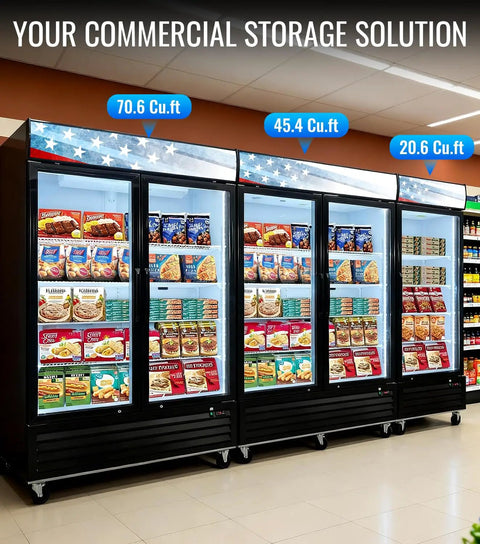 Top Shelf 27 Inch Commercial Display Freezer Upright Merchandiser With Triple Pane Glass Door Auto Defrost LED Lights and No Nonsense Build For Fresh Frozen Shop Essentials with displayed frozen goods.