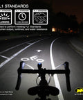 Night street view with Lumina Micro 850 Front Bike Light USB Rechargeable LED Water Resistant lighting path ahead.