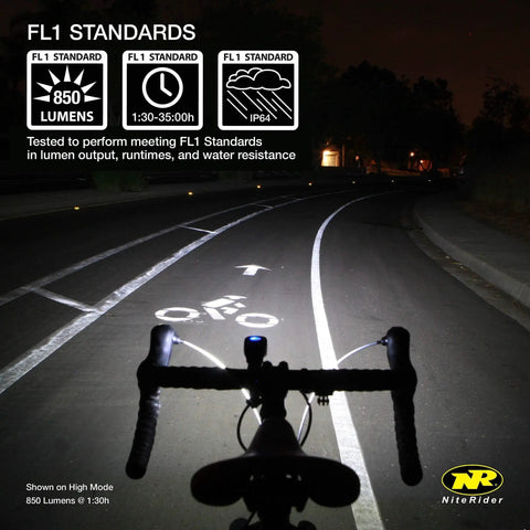Night street view with Lumina Micro 850 Front Bike Light USB Rechargeable LED Water Resistant lighting path ahead.