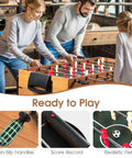 Premium 3 In 1 Game Table Combining Foosball Billiards And Slide Hockey with players enjoying a game in a living room.