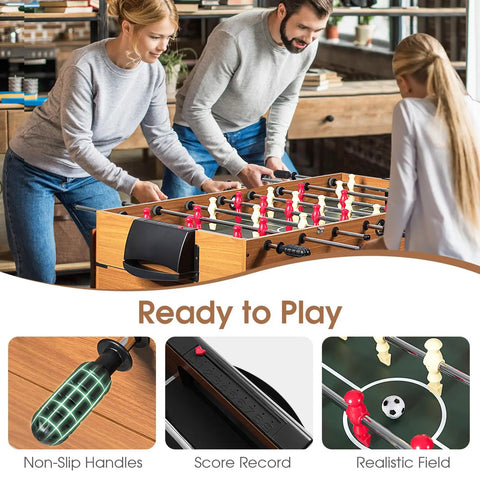 Premium 3 In 1 Game Table Combining Foosball Billiards And Slide Hockey with players enjoying a game in a living room.