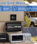 2000 Watt Pure Sine Wave Inverter 12V DC To 110V And 120V AC Power Converter with battery and control panel setup in RV.