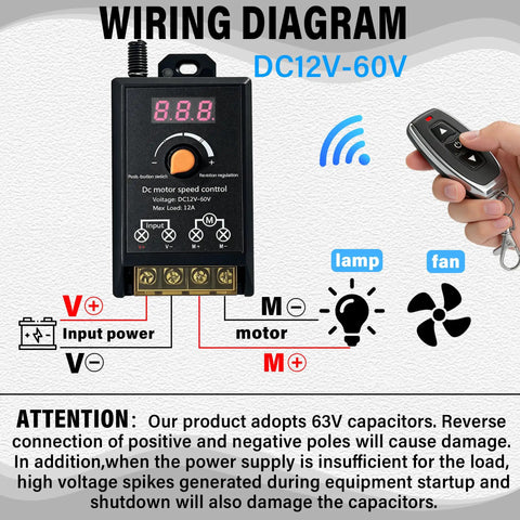 Universal Motor Speed Controller For 12V To 60V Systems With 12A Max Includes 2 Remote Controls DIY Ready Perfect For Motors LEDs And Fans 433MHz Wireless RF Switch Compact 100x50x36mm Receiver For Tight Spaces wiring diagram with remote