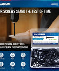 Heavy Duty 5 Inch Drywall Screws Featuring Black Phosphate Coating And Coarse Threads For A No Fuss Install And Smooth Driving On Wood Or Sheetrock Tough As Nails Steel Build 32 Pack Box in a snap lid container with screws being installed.
