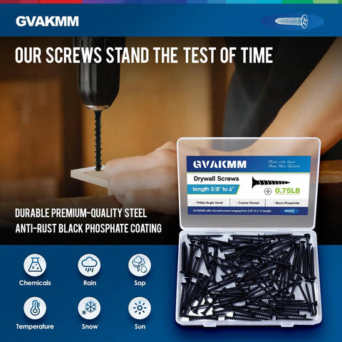 Heavy Duty 5 Inch Drywall Screws Featuring Black Phosphate Coating And Coarse Threads For A No Fuss Install And Smooth Driving On Wood Or Sheetrock Tough As Nails Steel Build 32 Pack Box in a snap lid container with screws being installed.