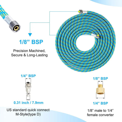 Premium Pro Grade 10 Foot Braided Airbrush Hose With US Quick Connect And One Eighth To One Quarter Inch Adapter in coil form.