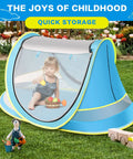 Pop Up Baby Beach Tent For Toddlers And Infants, Portable Sun Shade For Beach And Camping, Easy Two Way Access, Lightweight Travel Tent With Built In Storage Bag, Blue Baby Tent with child inside playing
