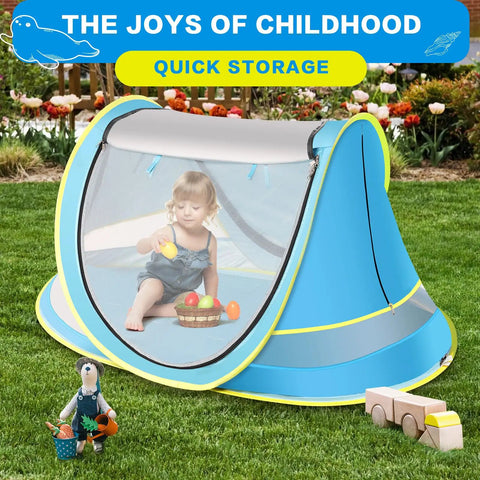 Pop Up Baby Beach Tent For Toddlers And Infants, Portable Sun Shade For Beach And Camping, Easy Two Way Access, Lightweight Travel Tent With Built In Storage Bag, Blue Baby Tent with child inside playing