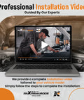 Laptop displaying a professional installation video for car parts under a vehicle hood setting.