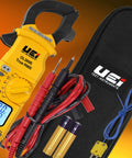 True RMS Dual Display Clamp Meter With Auto Ranging, Low Battery Indicator, Temperature Calibration In Fahrenheit Or Celsius Readouts, Auto Power Off, Durable Yellow Design, 3 Year Warranty with leads and case