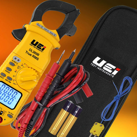True RMS Dual Display Clamp Meter With Auto Ranging, Low Battery Indicator, Temperature Calibration In Fahrenheit Or Celsius Readouts, Auto Power Off, Durable Yellow Design, 3 Year Warranty with leads and case
