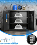 Sturdy Metal Garage Storage Cabinet With Pegboard Doors, lockable black cabinet open, showing adjustable shelves and tools.