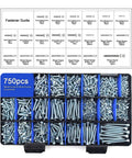 750-piece metal and wood screw assortment kit displayed in a compartmentalized storage box with a fastener guide above
