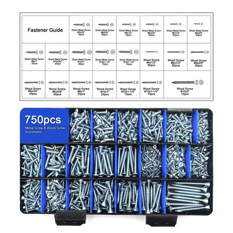 750-piece metal and wood screw assortment kit displayed in a compartmentalized storage box with a fastener guide above