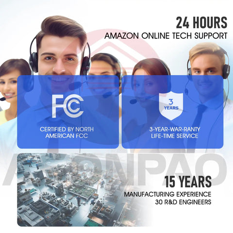 Customer support team image with FCC certified logo, 3-year warranty service, R&D engineers, tech support and manufacturing experience.