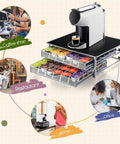 Two Tier Coffee Pod Drawer Organizer For Office And Kitchen, 72 Pod Capacity, with coffee machine on top
