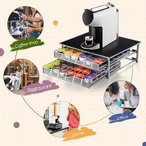 Two Tier Coffee Pod Drawer Organizer For Office And Kitchen, 72 Pod Capacity, with coffee machine on top