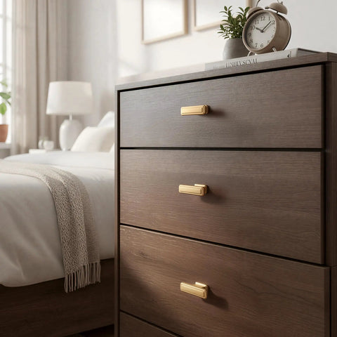 10 Pack Single Hole Cabinet Handles in Champagne Bronze for Kitchen Cabinets, shown on wooden drawers in bedroom scene
