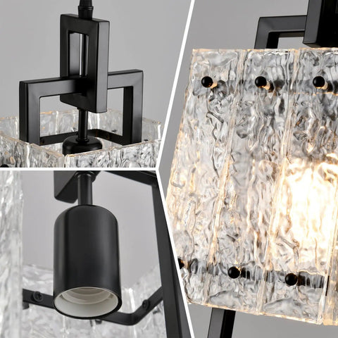 Close-up of Next Level 2 Pack Matte Black Pendant Lights With Textured Water Ripple Glass highlighting square design and details.