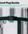 Interior view of soft sided golf travel bag with wheels, featuring a secure fixed plug buckle on 600D polyester oxford material.