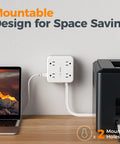 12 In 1 Power Strip With Surge Protection Boasts Eight Ac Outlets And Four Usb Ports Connected To A Five Foot Extension Cord with flat design, mounted beside laptop.
