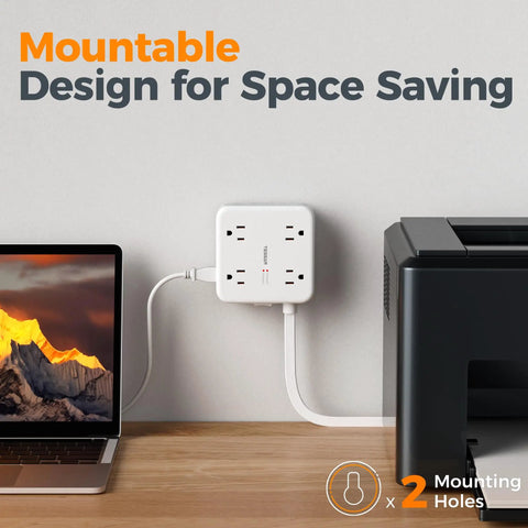 12 In 1 Power Strip With Surge Protection Boasts Eight Ac Outlets And Four Usb Ports Connected To A Five Foot Extension Cord with flat design, mounted beside laptop.