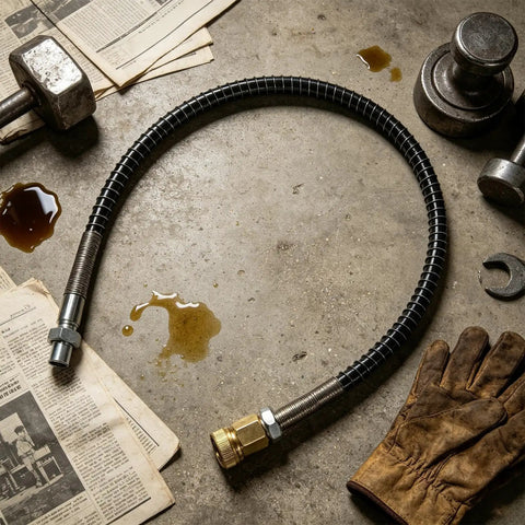 Heavy Duty Air Hose For Compressor Rock Solid Brass Lock Joints, flexible tubing on workshop floor with tools and oil stains.