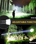 Beast Mode 99000 Lumen USB Rechargeable Flashlight Pack showing adjustable wide and narrow beam in forest setting