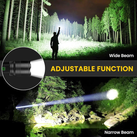 Beast Mode 99000 Lumen USB Rechargeable Flashlight Pack showing adjustable wide and narrow beam in forest setting