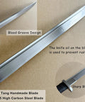 34 Inch Handmade Full Tang High Carbon Steel Samurai Katana With Scabbard showing the 1065 blade design and sharp edge.